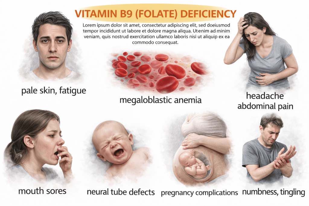 medical image of deficiency showing pale skin, fatigue, headhache, abdominal pain