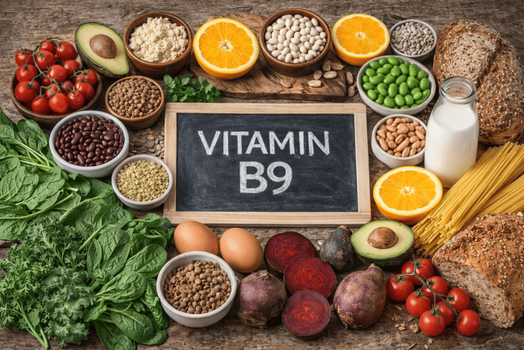 Healthy foods rich in vitamin B9 including spinach, avocado, beans, oranges, lentils, eggs and whole grains.