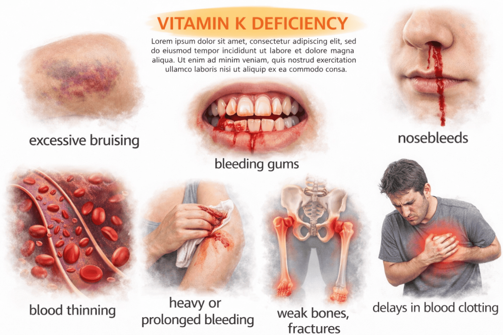 Medical infographic showing vitamin E deficiency symptoms including muscle damage, blurry vision, fatigue, weakened immunity and balance problems.