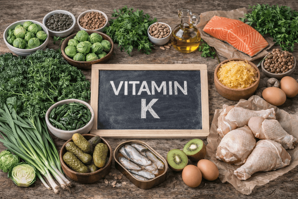 Vitamin K rich foods including kale, broccoli, Brussels sprouts, eggs, salmon and green vegetables.