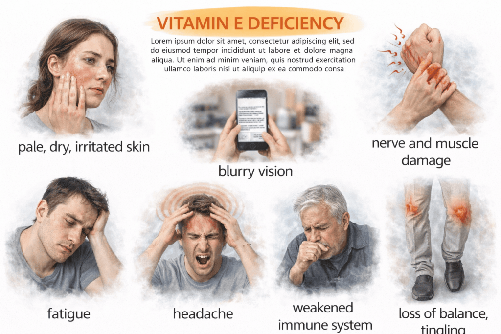 Medical infographic showing vitamin E deficiency symptoms including muscle damage, blurry vision, fatigue, weakened immunity and balance problems.