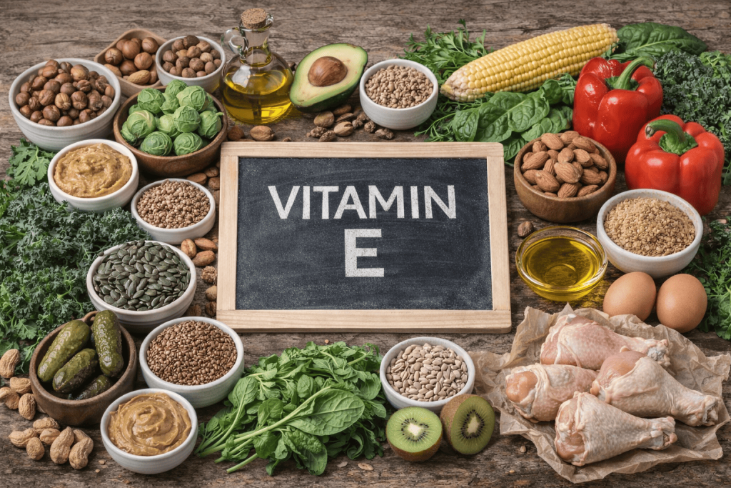Vitamin E rich foods including almonds, sunflower seeds, avocado, spinach, nuts and vegetable oils.