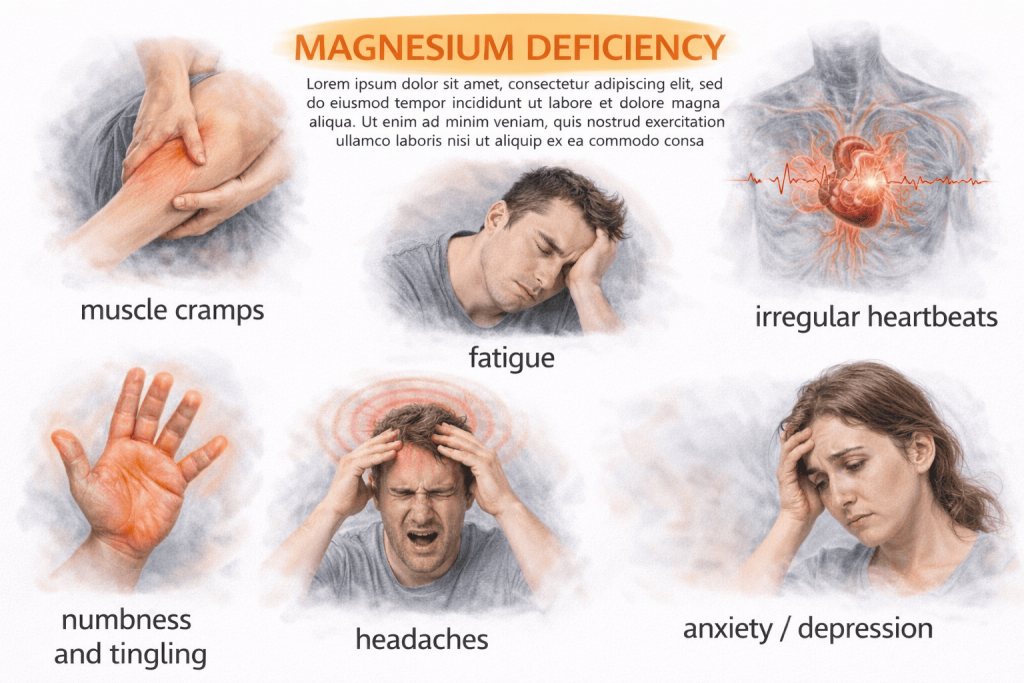 image showing symptoms of magnesium deficiency including muscle cramps, headaches, fatigue, numbness, irregular heartbeat and anxiety.