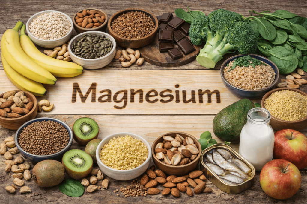 Magnesium rich foods including bananas, almonds, oats, pumpkin seeds, quinoa, spinach and dark.