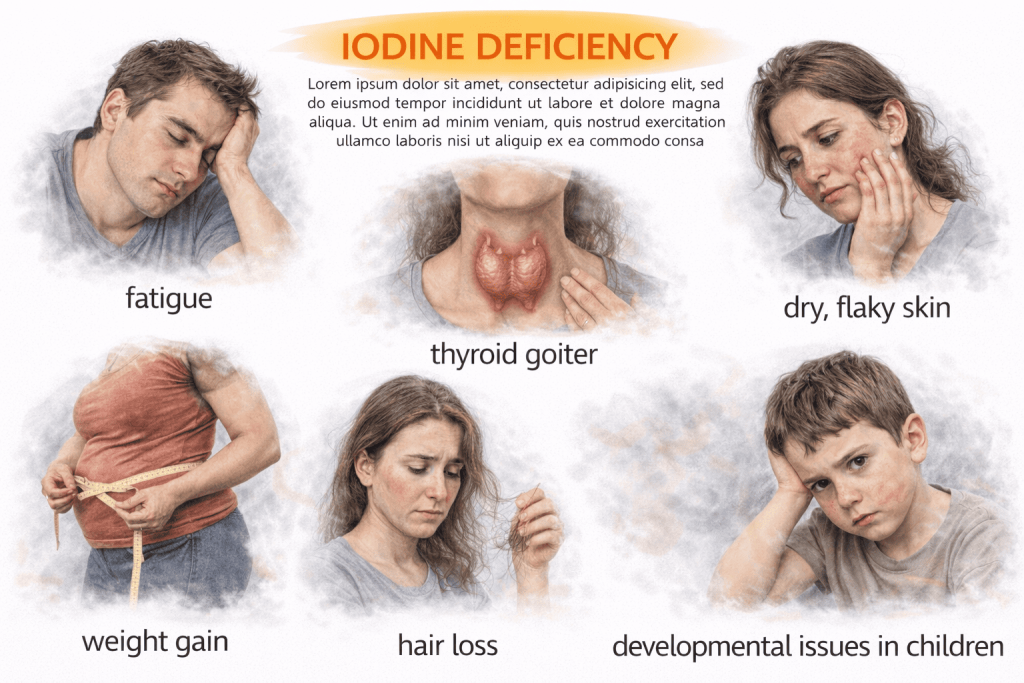 Medical infographic showing iodine deficiency symptoms including thyroid goiter, fatigue, hair loss, dry skin, weight gain and developmental issues.