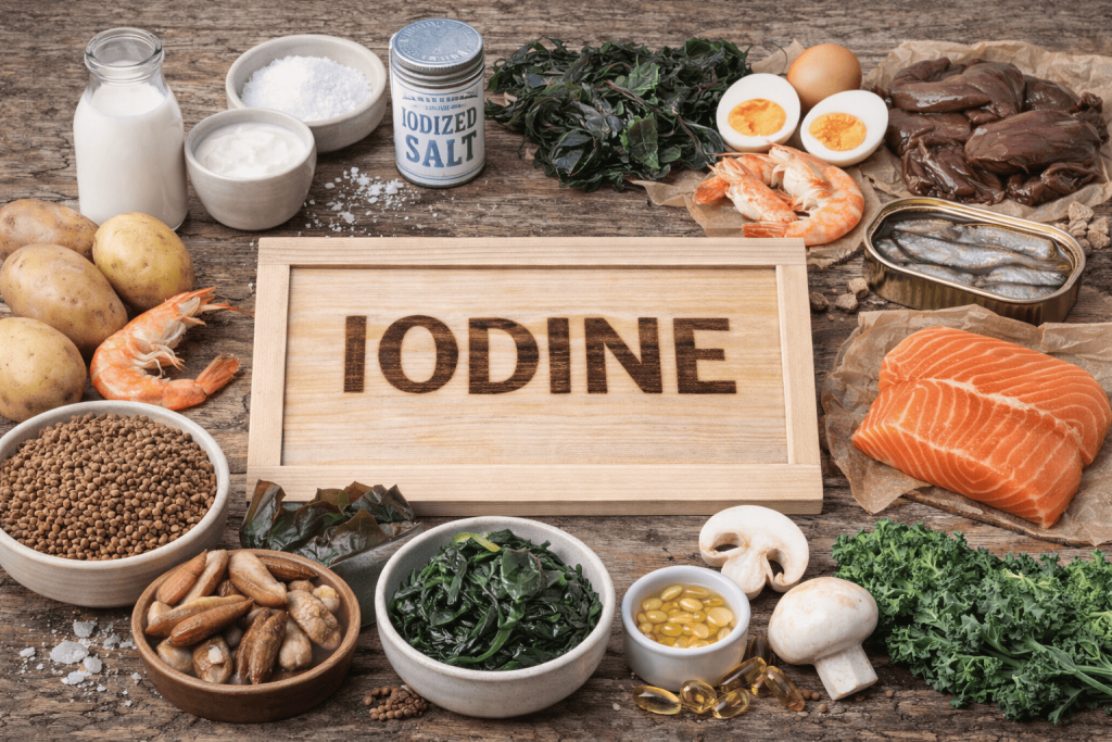 Iodine rich foods including seafood, iodized salt, dairy, eggs, seaweed and fish.