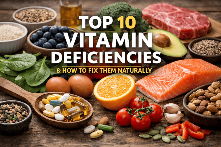 Ultra realistic image of vitamin rich foods including fish, eggs, vegetables and fruits with headline Top 10 Vitamin Deficiencies and How to Fix Them Naturally.