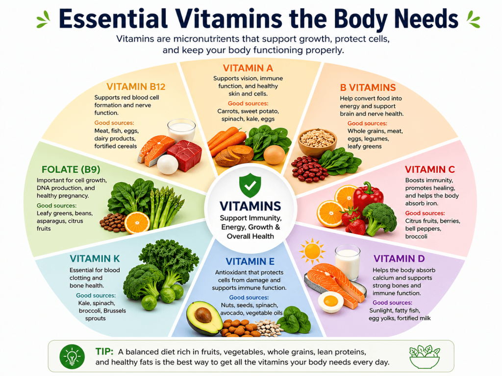 Vitamin A infographic showing its benefits for vision, immunity, skin health, growth, and cell development, along with vitamin A-rich foods such as carrots, sweet potatoes, spinach, eggs, and dairy.
