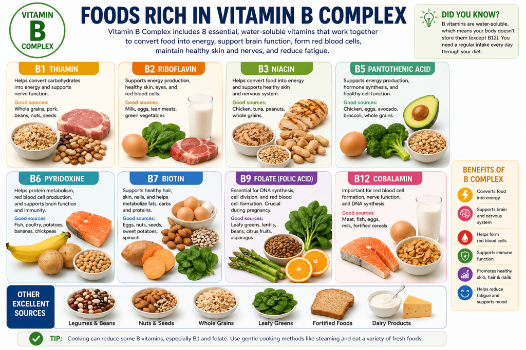 Detailed Vitamin B Complex infographic showing the eight B vitamins—B1, B2, B3, B5, B6, B7, B9, and B12—their functions, food sources, benefits, and recommended daily intake.