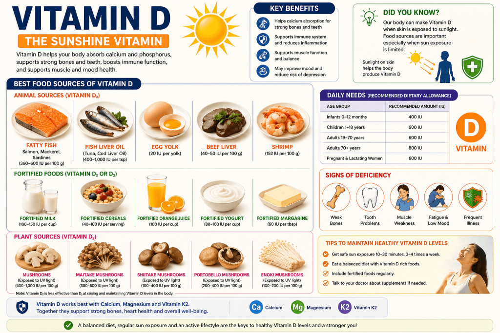 Vitamin D infographic showing the sunshine vitamin, its role in bone health, calcium absorption, immunity, and muscle function, with food sources including salmon, sardines, eggs, fortified milk, cereals, yogurt, and mushrooms.