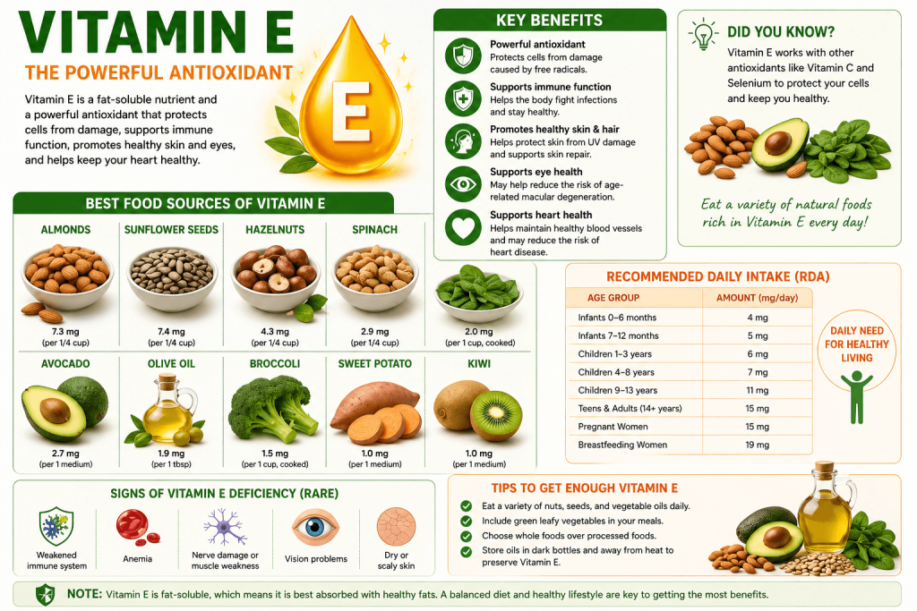 Vitamin E infographic explaining its antioxidant properties and benefits for immune, skin, eye, and heart health, with food sources including almonds, sunflower seeds, hazelnuts, spinach, avocado, olive oil, broccoli, and kiwi.