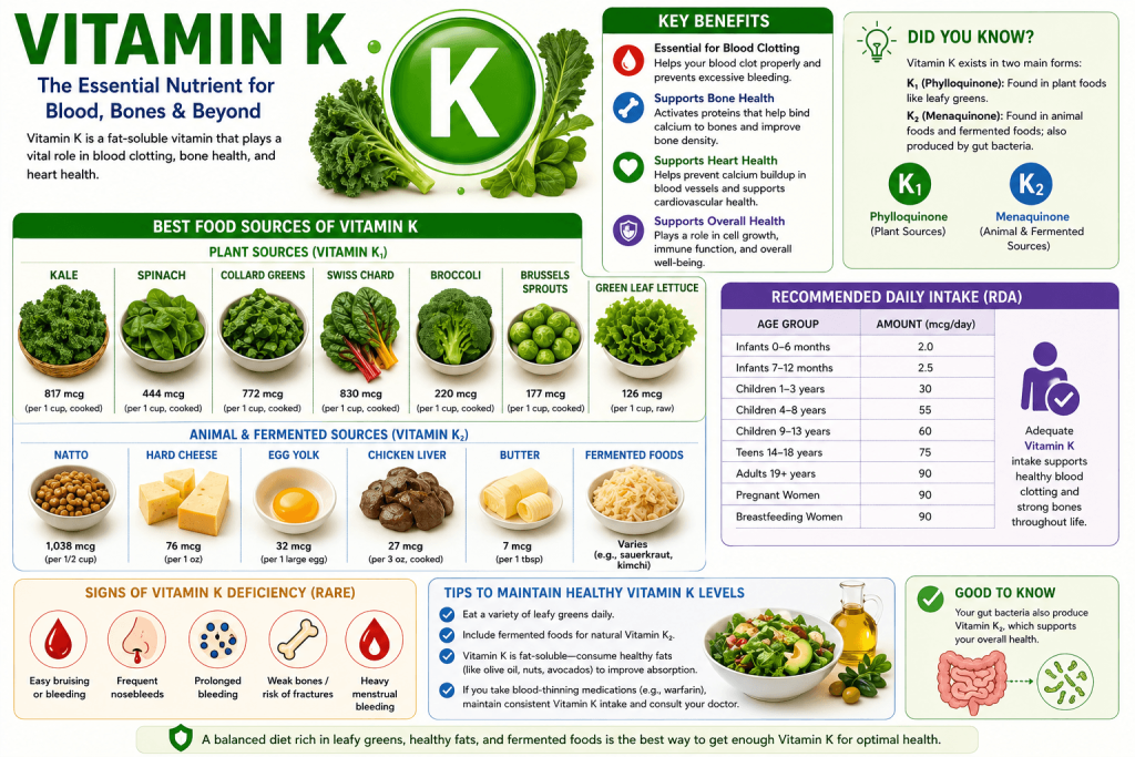 Vitamin K infographic explaining its role in blood clotting, bone health, and cardiovascular health, featuring vitamin K-rich foods such as kale, spinach, collard greens, Swiss chard, broccoli, Brussels sprouts, fermented foods, and cheese.
