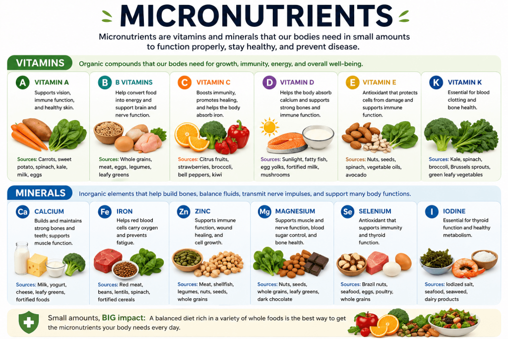 Educational infographic explaining micronutrients as essential vitamins and minerals needed in small amounts, with examples of vitamins, minerals, food sources, and their roles in maintaining health.