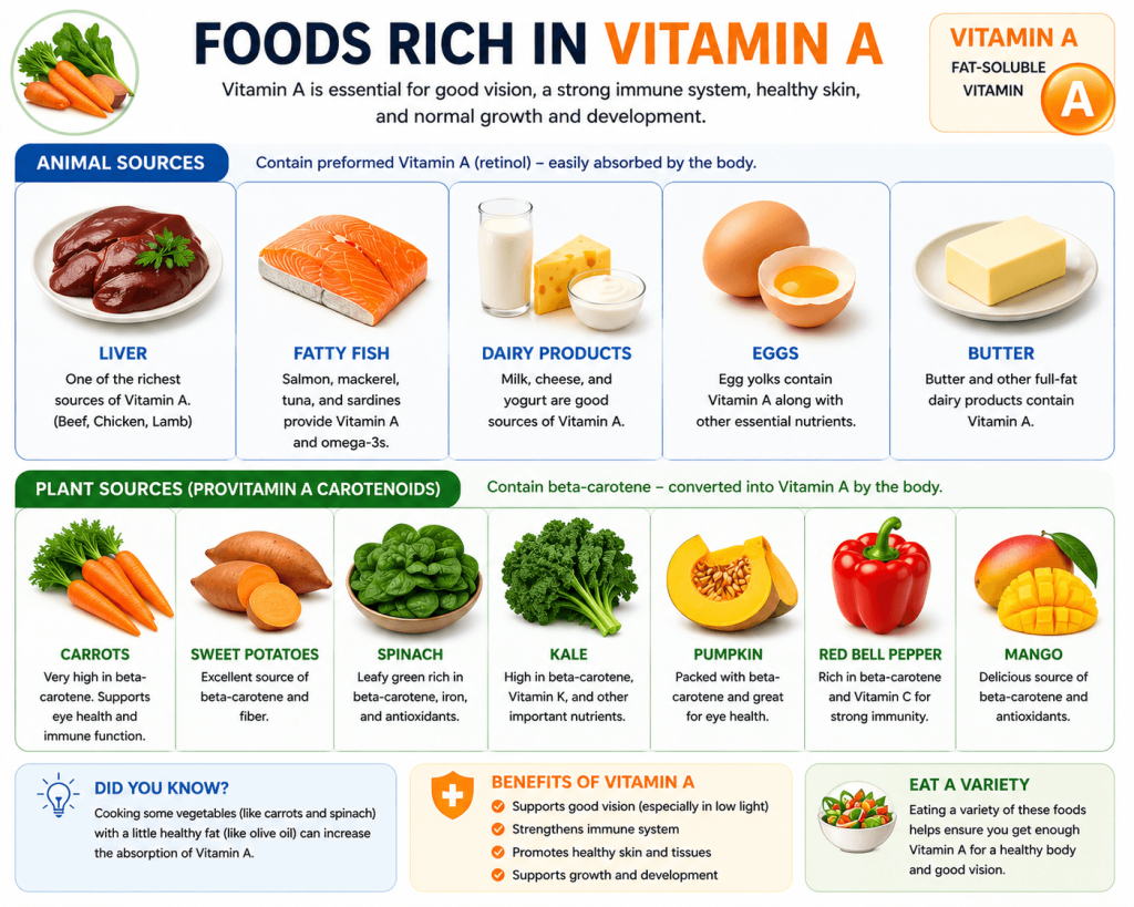 Infographic showing foods rich in vitamin A, including carrots, sweet potatoes, spinach, leafy greens, eggs, dairy products, and other orange and green vegetables.