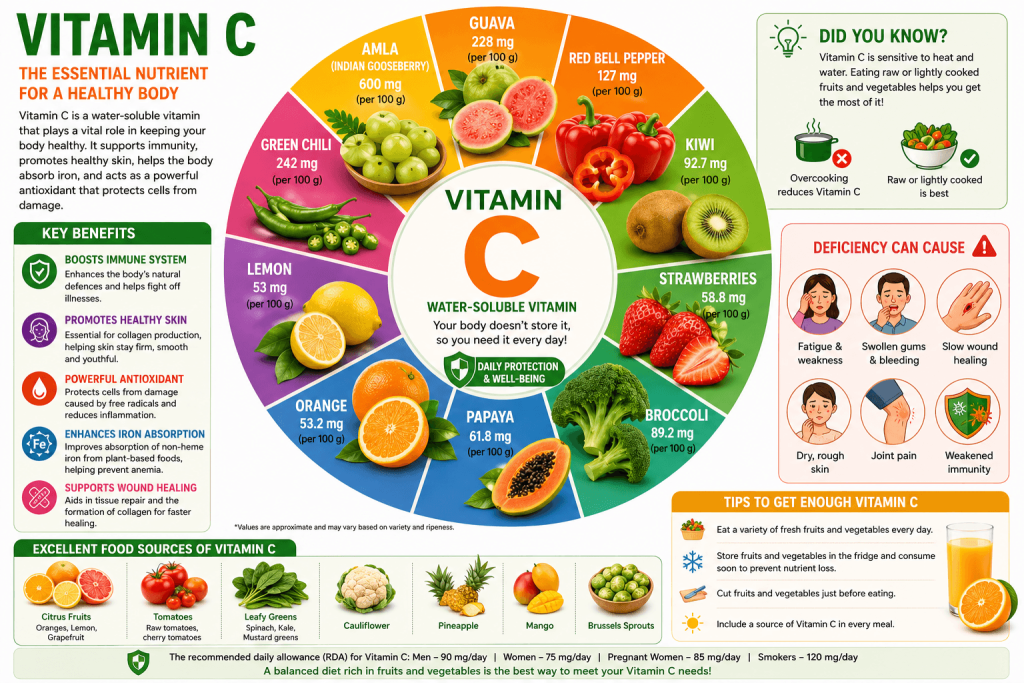 Vitamin C infographic showing its benefits for immunity, collagen and skin health, antioxidant protection, iron absorption, and wound healing, with foods such as amla, guava, peppers, kiwi, strawberries, oranges, papaya, and broccoli.