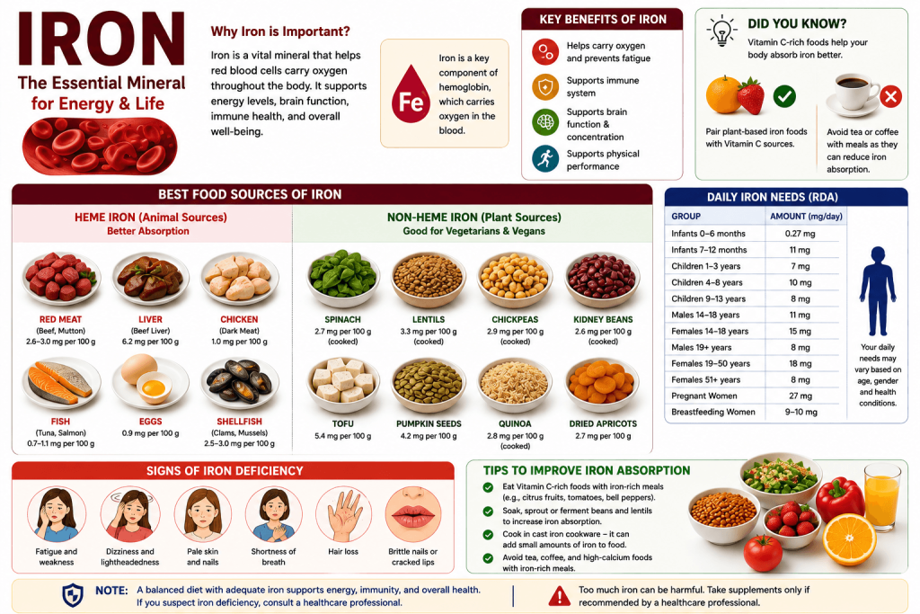 Iron infographic explaining how iron supports oxygen transport, energy, immunity, brain function, and physical performance, with heme and non-heme sources including meat, liver, fish, eggs, lentils, beans, spinach, tofu, pumpkin seeds, and dried apricots.