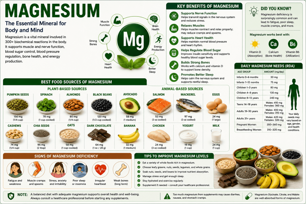 Magnesium infographic showing its role in nerve and muscle function, heart health, energy production, bone health, blood sugar regulation, and sleep, with sources including pumpkin seeds, spinach, almonds, beans, avocado, oats, chia seeds, and dark chocolate.