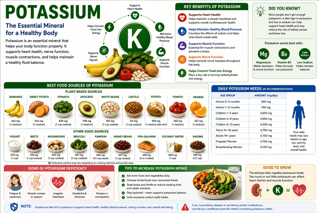 Potassium infographic showing its role in heart health, blood pressure regulation, muscle and nerve function, and fluid balance, with potassium-rich foods including bananas, sweet potatoes, spinach, avocado, beans, lentils, potatoes, tomatoes, oranges, and salmon.