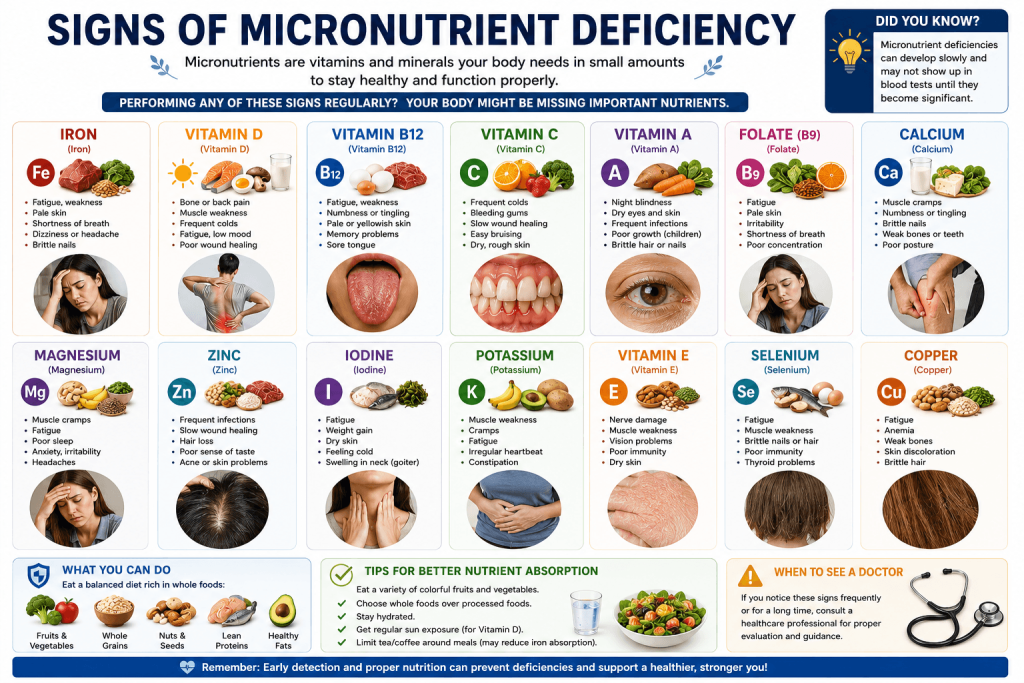Educational infographic showing common signs associated with micronutrient deficiencies, including fatigue, weakness, pale skin, muscle cramps, poor wound healing, hair loss, brittle nails, vision problems, and other symptoms linked to iron, vitamins, calcium, magnesium, zinc, iodine, potassium, selenium, and copper.
