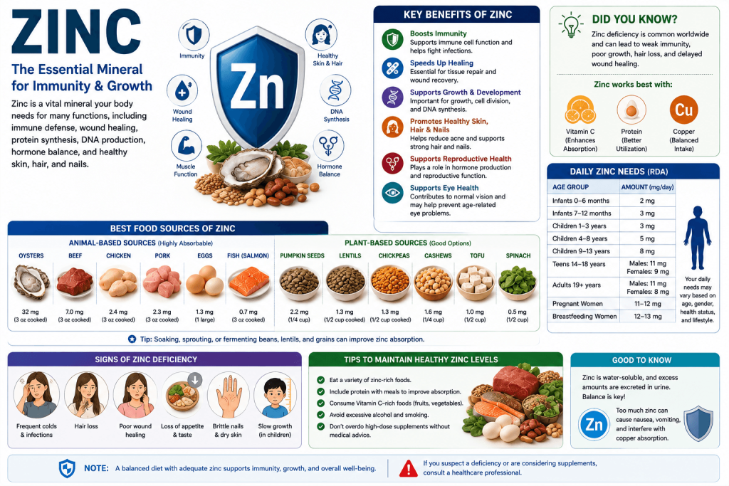 Zinc infographic showing its importance for immunity, wound healing, growth, DNA synthesis, skin, hair, and reproductive health, with zinc-rich foods including oysters, beef, chicken, eggs, fish, pumpkin seeds, lentils, chickpeas, cashews, tofu, and spinach.