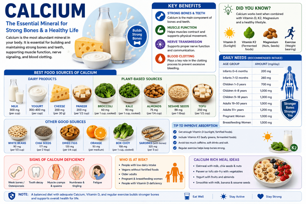 Calcium infographic showing its importance for strong bones and teeth, muscle function, nerve signaling, and blood clotting, with sources including milk, yogurt, cheese, tofu, almonds, sesame seeds, leafy greens, and sardines.