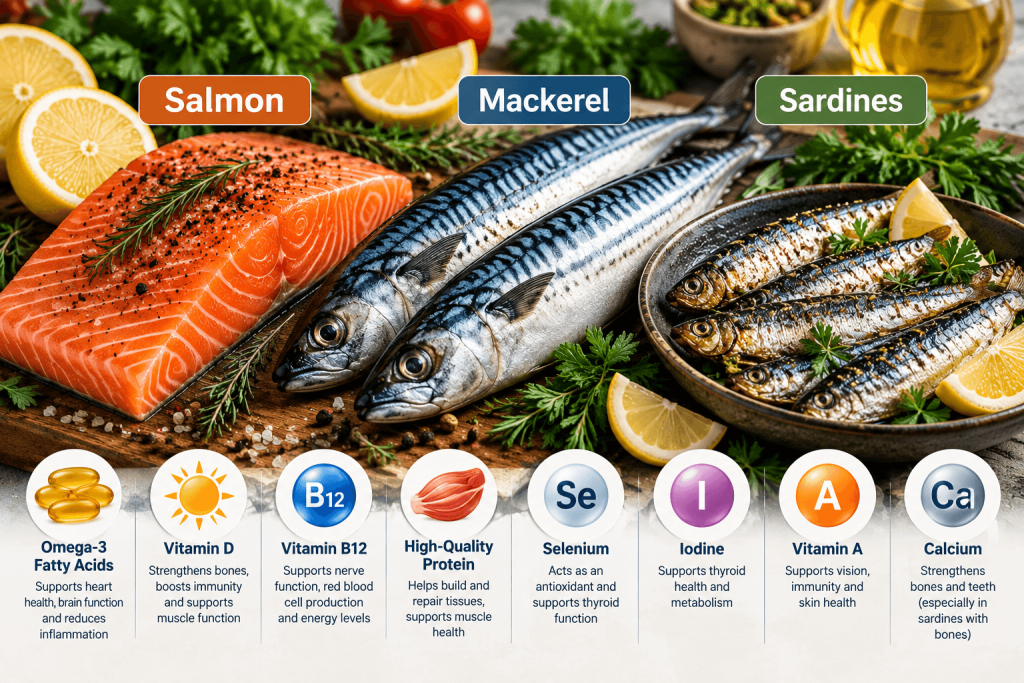 Salmon, mackerel, and sardines as vitamin D-rich fatty fish, highlighting omega-3 fatty acids, vitamin B12, protein, selenium, iodine, vitamin A, and calcium.