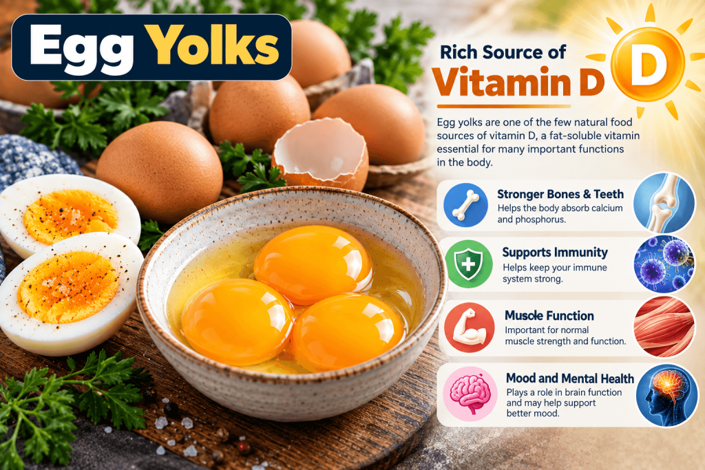 Egg yolks as a natural source of vitamin D, with benefits highlighted for bone and teeth strength, muscle function, immune health, and mental well-being.