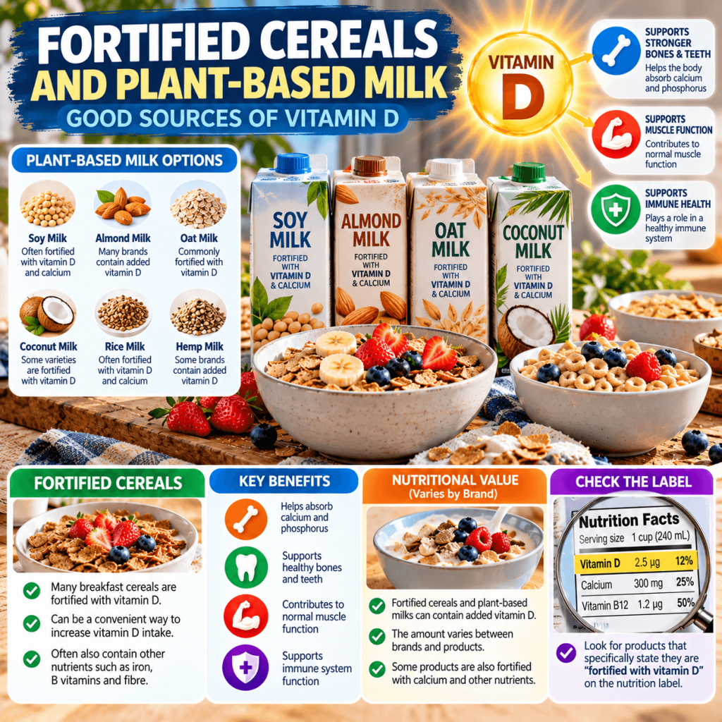 Fortified cereals and plant-based milk options, including soy, almond, oat, coconut, rice, and hemp milk, as sources of vitamin D.