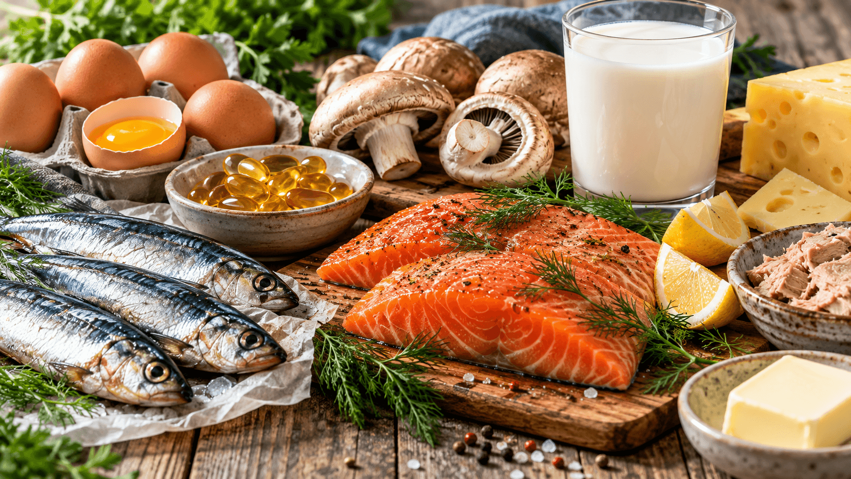 Foods rich in vitamin D, including salmon, sardines, eggs, mushrooms, milk, cheese, and cod liver oil arranged.