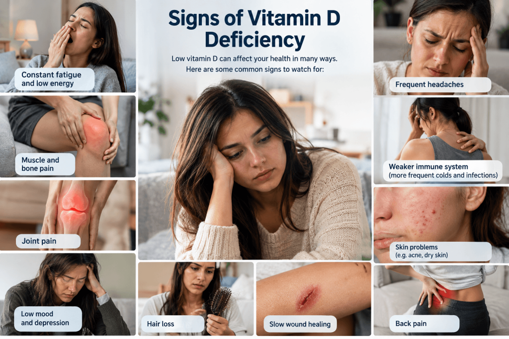 Signs of vitamin D deficiency infographic showing a tired woman surrounded by realistic images representing common symptoms, including fatigue, headaches, muscle and bone pain, joint pain, low mood, weakened immunity, skin problems, hair loss, slow wound healing, and back pain.