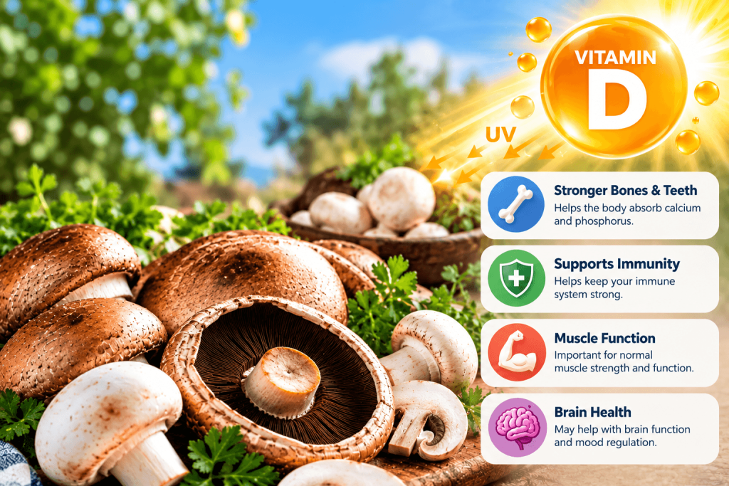 Fresh mushrooms with sunlight and vitamin D graphic, highlighting their potential benefits for bone strength, muscle function, immune health, and brain health.