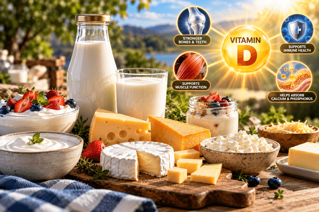 Vitamin D-rich dairy foods, including milk, yogurt, cheese, and cottage cheese, highlighting their benefits for stronger bones, muscle function, calcium absorption, and immune health.